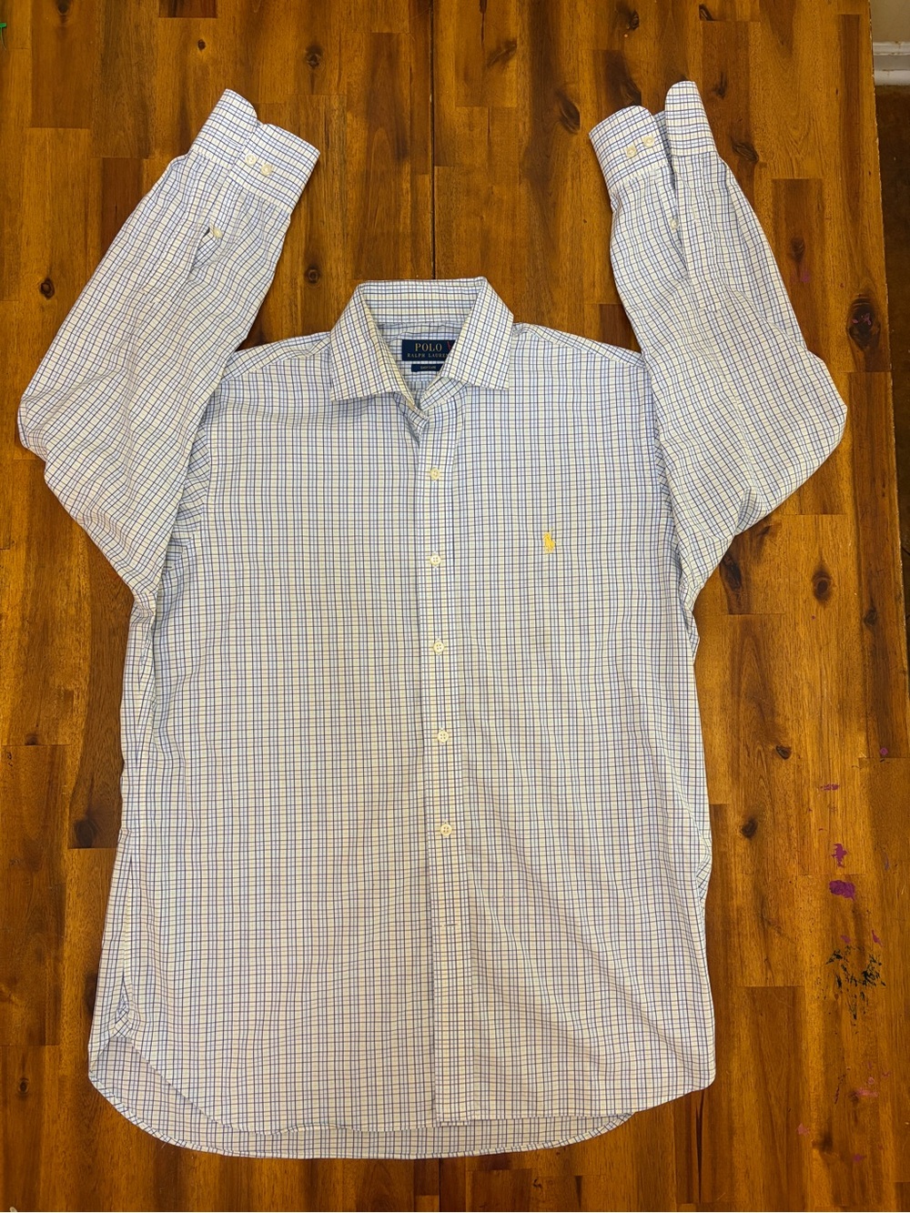 Polo by Ralph Lauren White and Blue Yellow Check Dress Shirt size 16 32/33